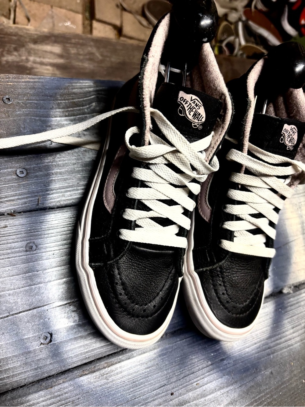 Vans Sk8-Hi MTE black leather sneakers white laces and white sole womens 6.5
